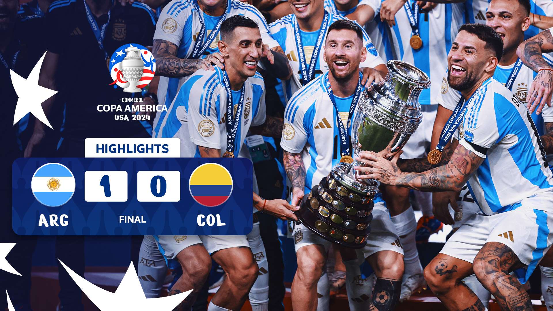 Thumbnail do vídeo: Melhores Momentos: Argentina 1-0 Colômbia | Final da CONMEBOL COPA AMÉRICA USA 2024™