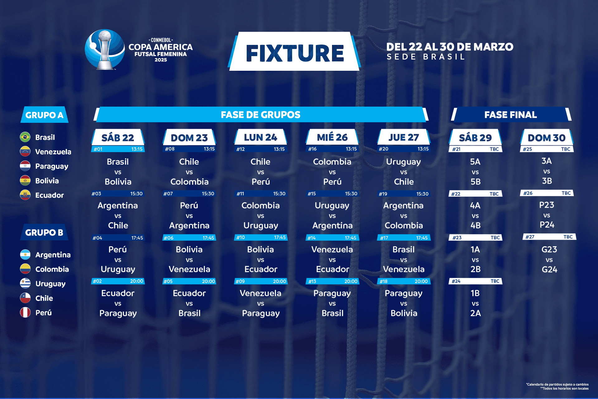 CONMEBOL Copa América Futsal Femenina 2025™: fixture completo